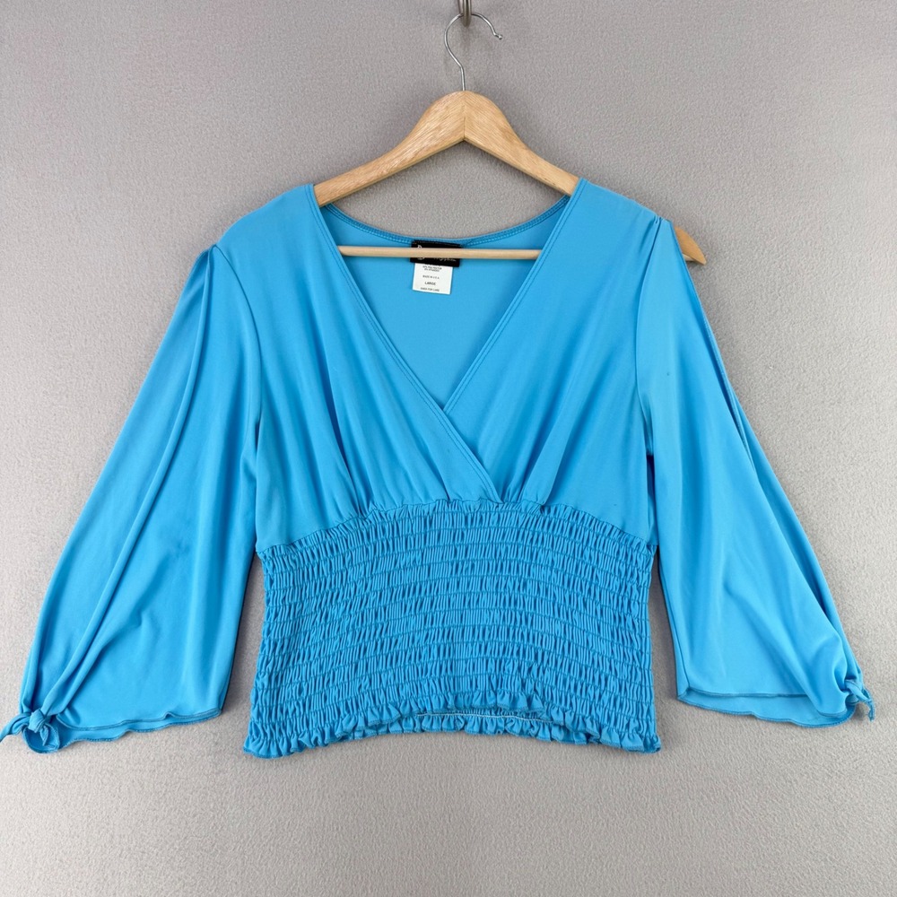 VTG Y2K PS Perception Blouse Women Large Blue Smocked Waist V-Neck Slinky USA